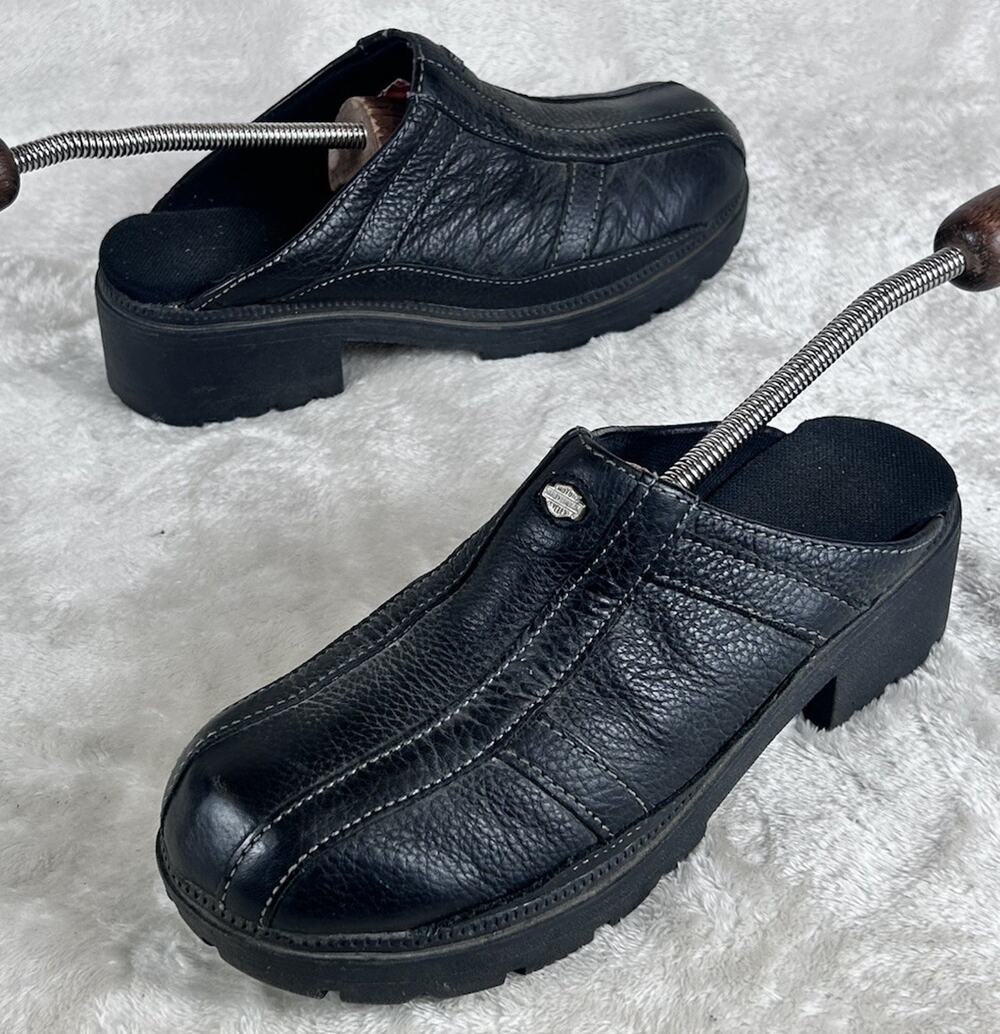 Harley Davidson 83263 Black Leather Y2K Mule Clogs Heels Women's Sz 7.5